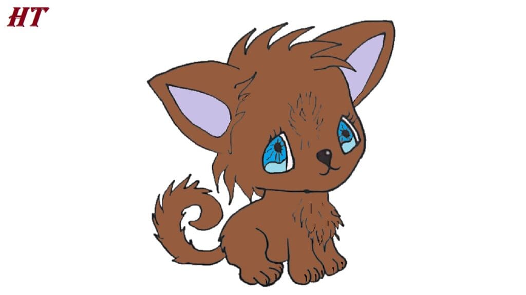 A cute cartoon kitten with big blue eyes, fluffy fur, and a curled tail, illustrated in a step-by-step drawing tutorial. Perfect for learning how to draw adorable animals.