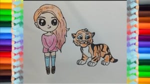 Draw girl and tiger