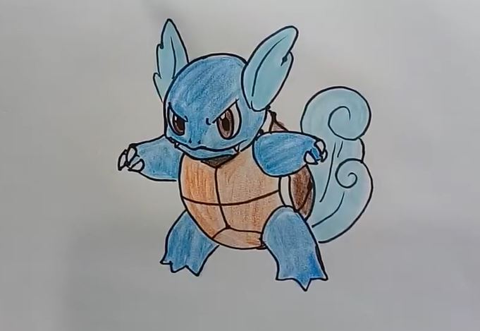 Step-by-step drawing of Wartortle, a Pokémon with blue fur, large ears, and a curled tail, showing detailed features and coloring.