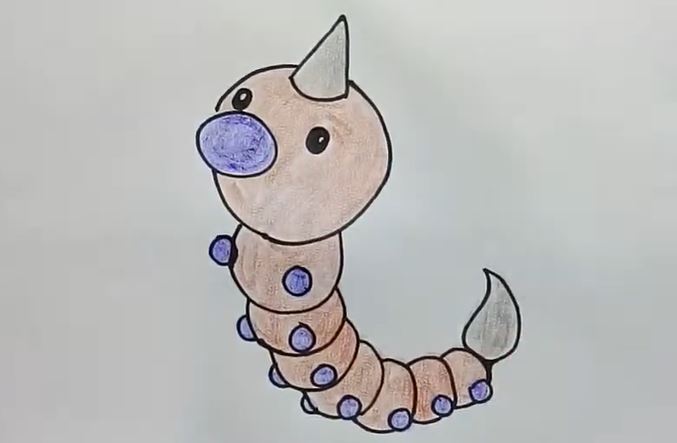 Step-by-step drawing of Weedle, a Pokémon with a horn, large eyes, and a segmented body with blue spots, suitable for beginners.
