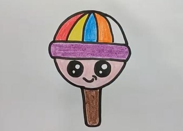 Colorful cartoon lollipop with rainbow stripes and a smiling face, perfect for kids' coloring pages and step-by-step drawing tutorials.