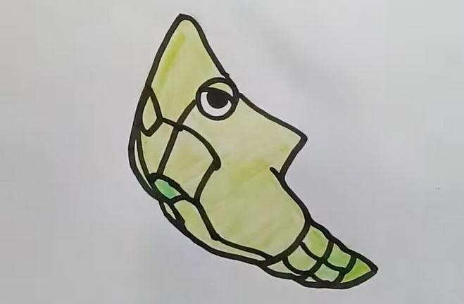 Step-by-step drawing of Metapod from Pokémon, showing the outline and coloring process for beginners.