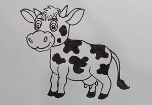 Step-by-step drawing of a cute cartoon cow with black spots, large eyes, and a friendly expression, suitable for beginners and kids.