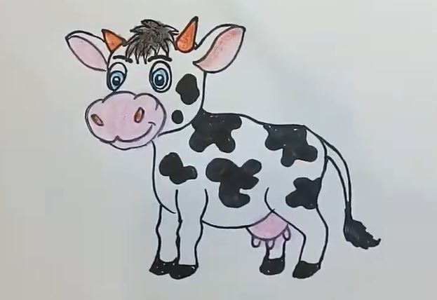 Step-by-step guide to drawing a cute cartoon cow with big eyes, spots, and a friendly expression, suitable for beginners and kids.