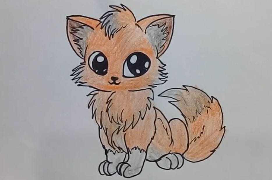 Adorable cartoon kitten illustration with large eyes, fluffy fur, and a playful pose, perfect for learning how to draw cute animals step by step.