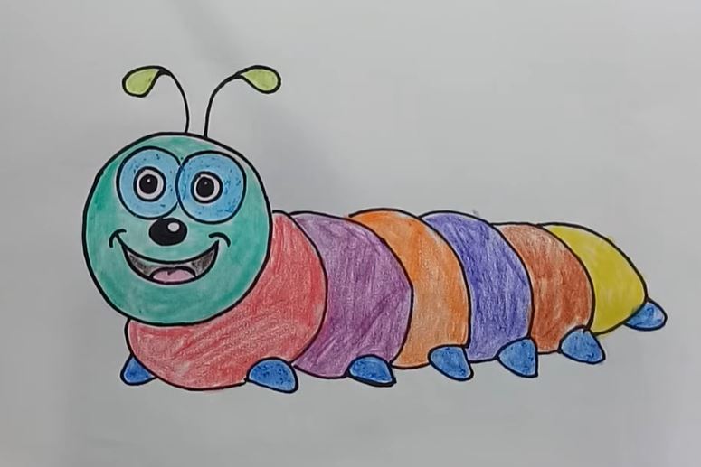 Colorful cartoon caterpillar with a smiling face, large eyes, and antennae, drawn with vibrant colors for kids' coloring pages.
