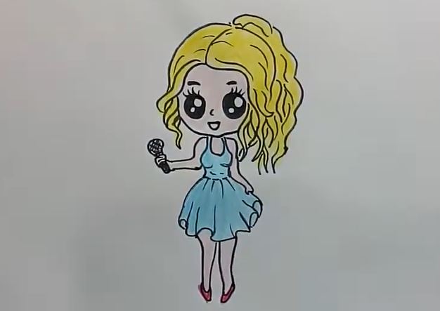 Step-by-step guide to drawing a cute chibi style Taylor Swift with big eyes and wavy blonde hair, holding a microphone, in a simple cartoon style.