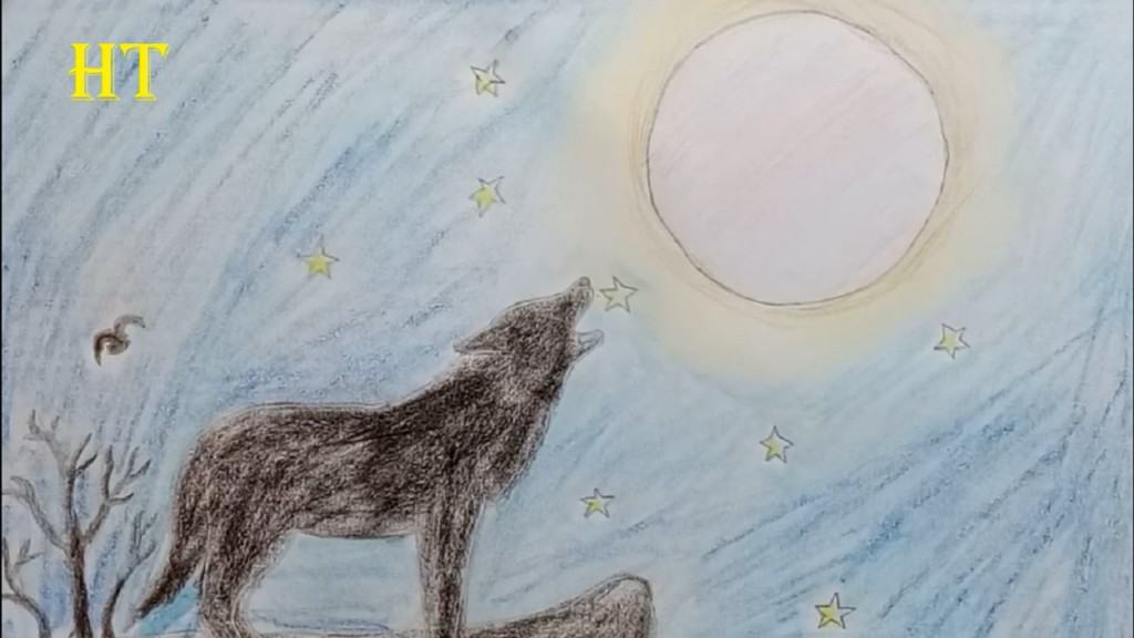 How to draw Scenery of Moonlight Wolf with step by step