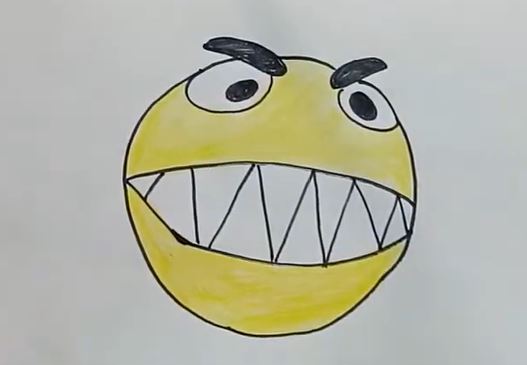Simple drawing of a Pac-Man face with exaggerated features, including large eyes, thick eyebrows, and a wide mouth with sharp teeth, suitable for beginners.