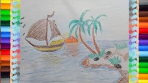 How to draw scenery of Island and coloring step by step for kids