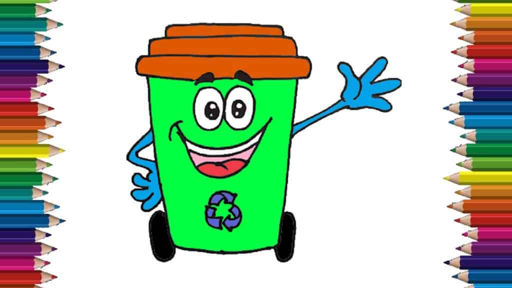 recycle bin drawing for kids - How to draw a cartoon recycle bin cute and easy