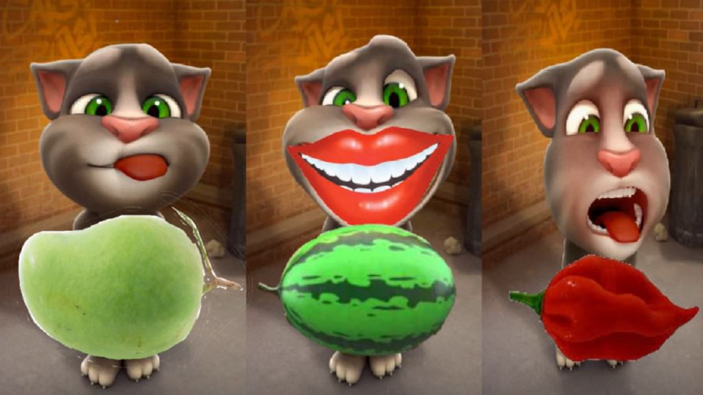 My Talking tom cat, how to draw fruits, chilli,watermelon, banana and Mangoes, tom cat lovable moment.