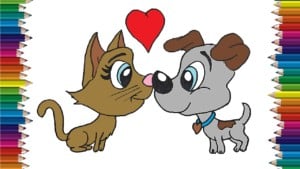 Dog and cat in love and kiss drawing - How to draw cartoon dog and cat