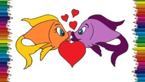 Fish in love and kiss drawing - How to draw cartoon fishs cute and easy