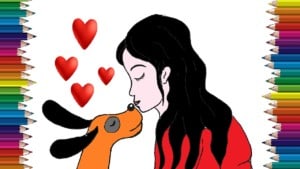 Girl and dog love and kiss drawing - How to draw dog and girl