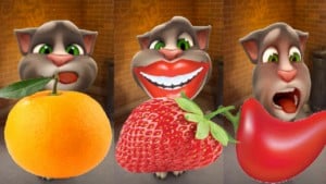 My Talking tom cat, how to draw fruits, chilli,watermelon, orange and strawberry, tom cat lovable moment