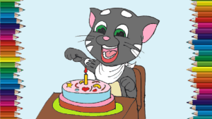 Talking tom and birthday cake drawing and coloring - How to draw a Talking tom easy
