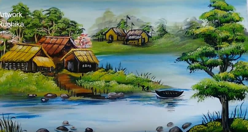 Village Scenery In Beautiful Landscape Painting