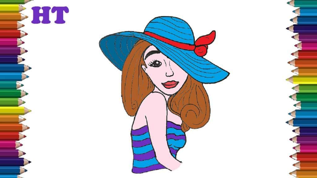 Cute girl with straw hat drawing step by step