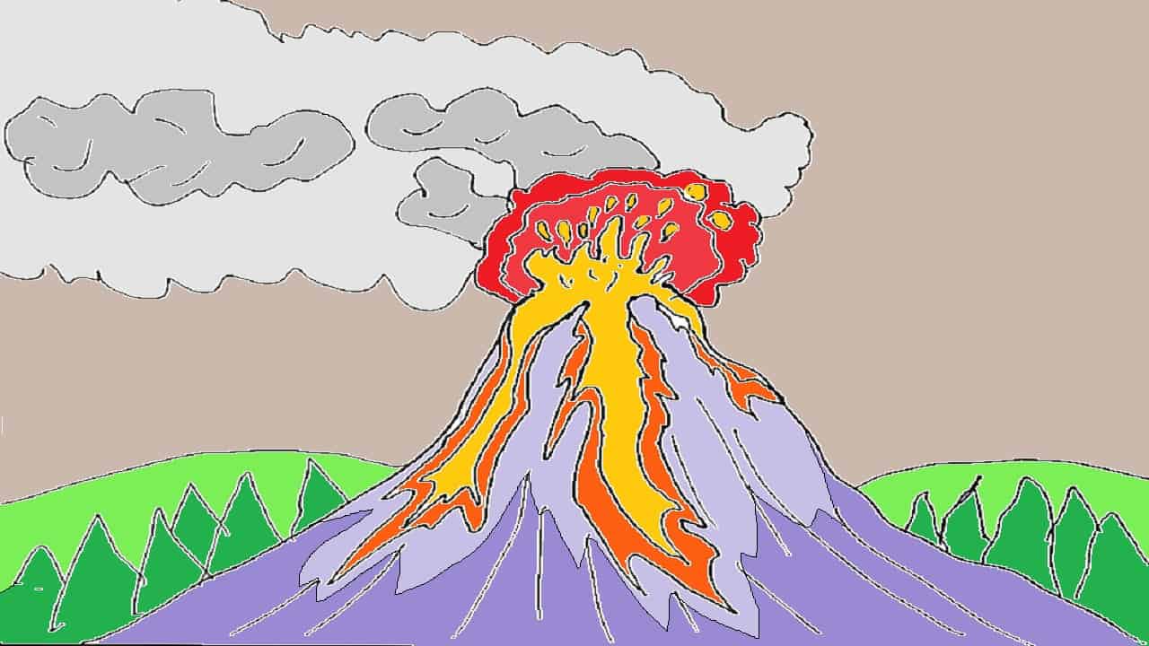 How to draw a volcano step by step