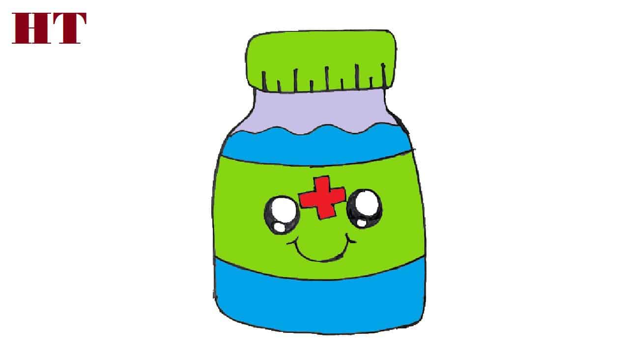 How to draw a cartoon pill bottle cute and easy