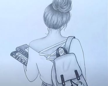 A Girl with School Bag Drawing with pencil