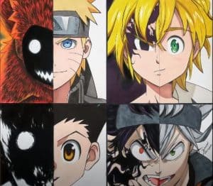 Drawing of NARUTO, MELIODAS, GON and ASTA With Their Rage Forms