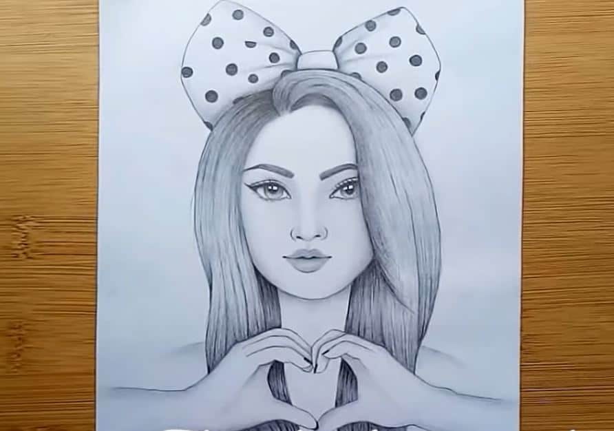 Girl with polka dot bow, heart-shaped hands, step-by-step drawing tutorial, how to draw girl, art tutorial for beginners.