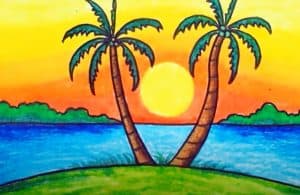 How to Draw Easy Scenery with Oil Pastels - Sunset Scenery Drawing