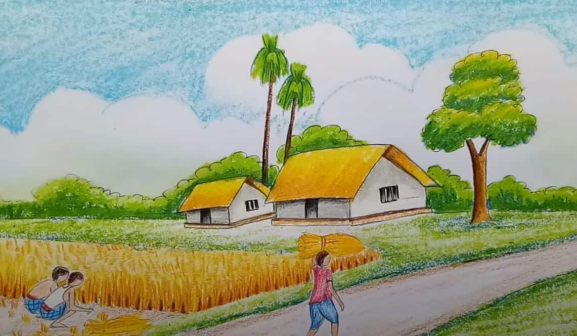 How to draw a beautiful village scenery painting with farmers working in  the field - YouTube