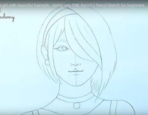 Girl with beautiful hairstyle sketch using one pencil, step-by-step drawing tutorial for beginners, how to draw hair and facial features, pencil sketch art, easy drawing guide for starters.