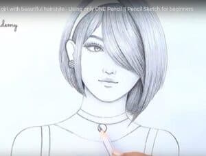 Stylish girl with bob haircut drawing step-by-step tutorial for beginners using pencil.
