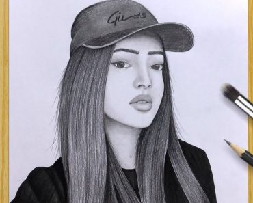 Beautiful Girl with Cap Drawing with Pencil