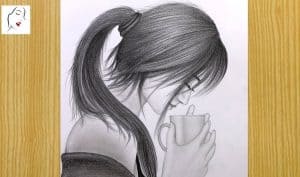 Girl with Coffee Mug Drawing with Pencil