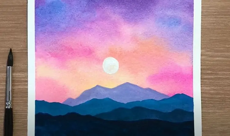 How to paint a sunset with mountains