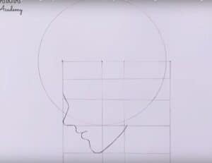Sketch of a human face profile with guidelines for drawing, step-by-step tutorial for beginners.