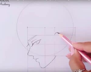 Sketching a female face with grid lines for drawing guide, step-by-step tutorial for beginners interested in learning how to draw portraits accurately.