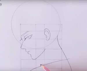 A step-by-step drawing tutorial showing how to sketch a female face in profile, with guidelines and construction lines for precise proportions.