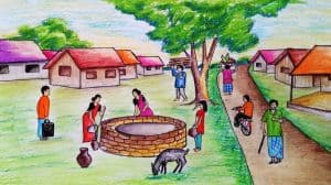How to draw scenery of People busy in the village