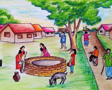 How to draw scenery of People busy in the village