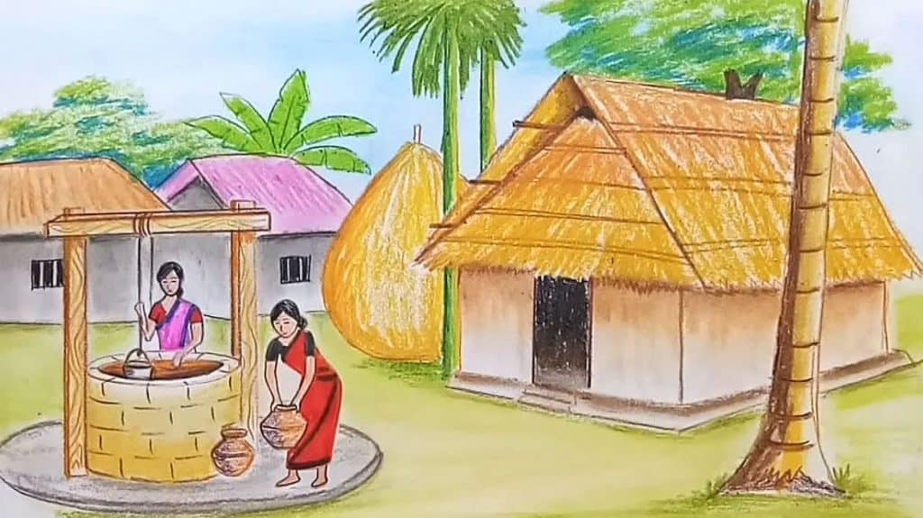 How to draw a scenery of take water from the well