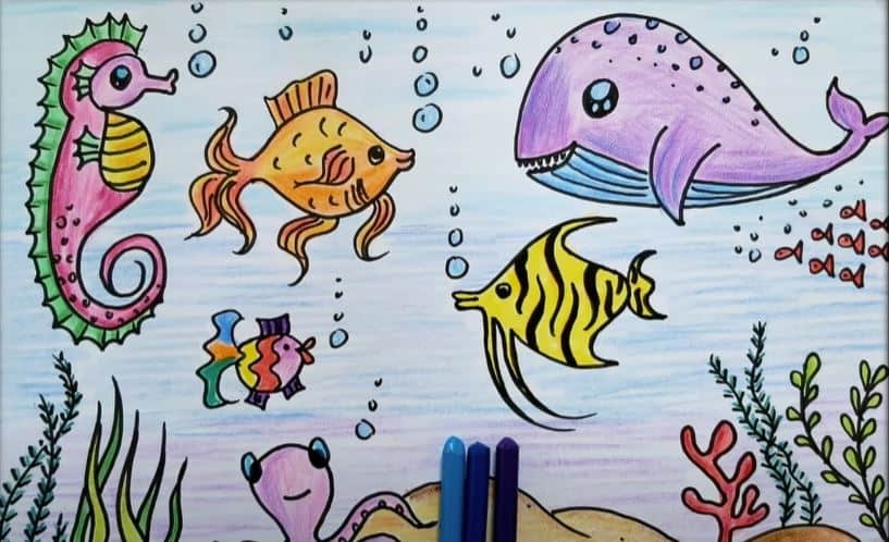 water animals drawings for kids