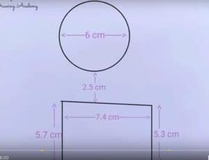 6 cm round circle drawing with diameter and height measurements for step-by-step drawing tutorial.