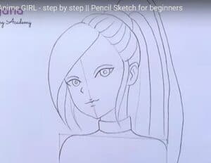 A pencil sketch tutorial of an anime girl with long hair, perfect for beginners on drawing step-by-step anime character art.