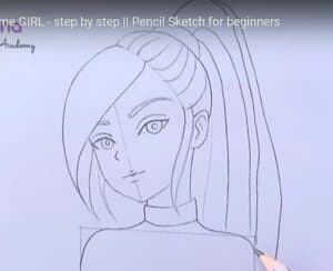 Elegant girl drawing tutorial for beginners, step-by-step pencil sketch guide on how to draw a girl with detailed facial features and hairstyle, perfect for art learners.