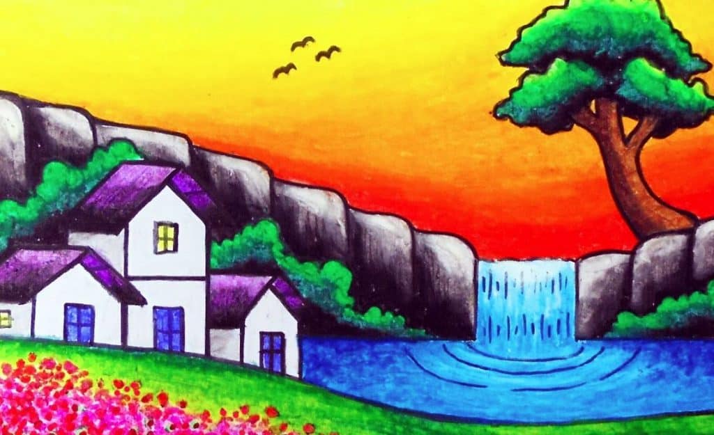 How to Draw Nature Scenery of Waterfall with Pencil