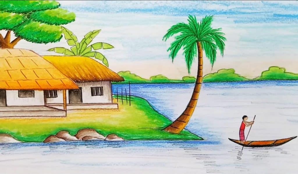 How to draw village scenery with oil pastel