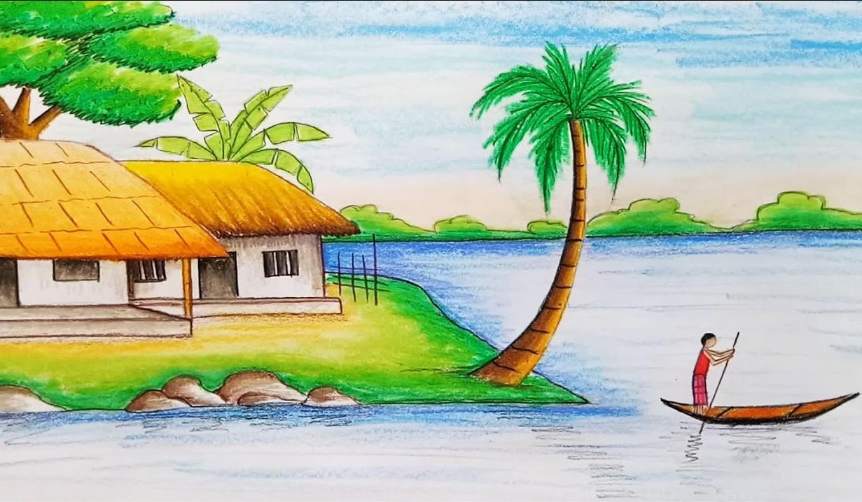 Premium Photo | A beautiful lake scenery oil pastel drawing-saigonsouth.com.vn