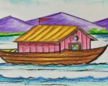How to Draw a Houseboat Step by Step || Landscape Drawing