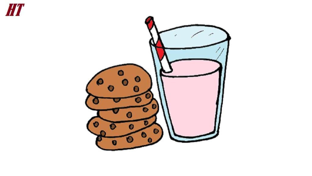 Cookies and milk cartoon drawing, step-by-step guide for beginners.